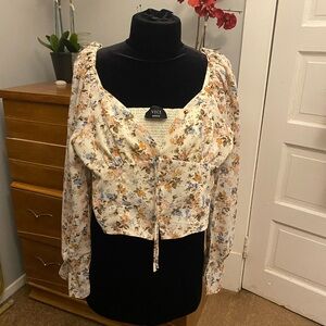 Vici Floral Puff Sleeve Blouse, Cropped Cream Blue Orange